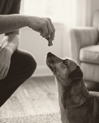 Chien qui attend sa friandise.
